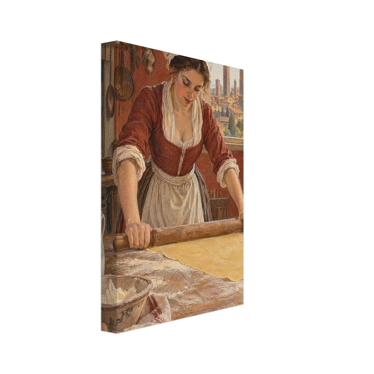 Woman rolling pasta dough in a rustic kitchen, with eggs, flour and cut pasta on the table and towers beyond the window.
