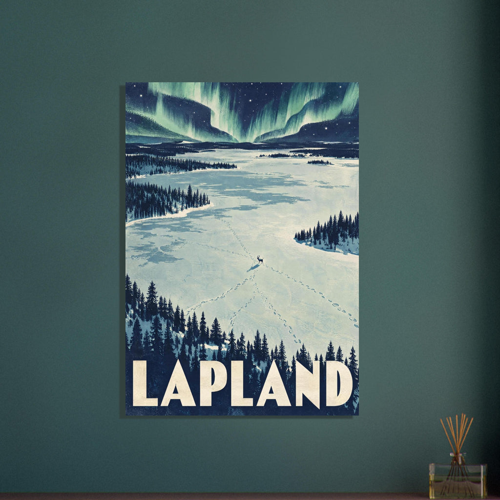 Lapland travel poster with green northern lights, snowy terrain, pine forests and tracks meeting near a lone deer.
