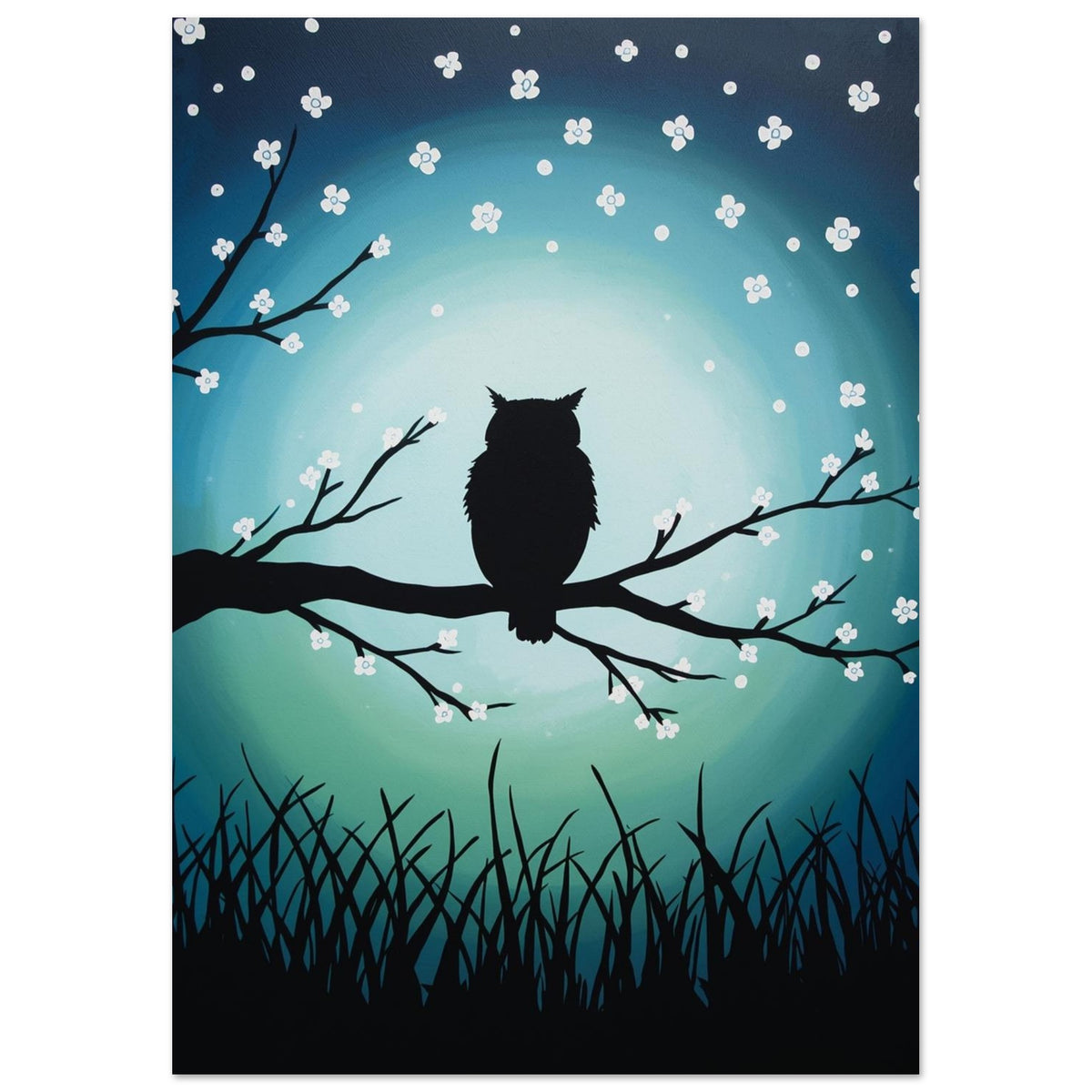 Black owl silhouette perched on a flowering branch against a teal and blue background, with black grasses below.