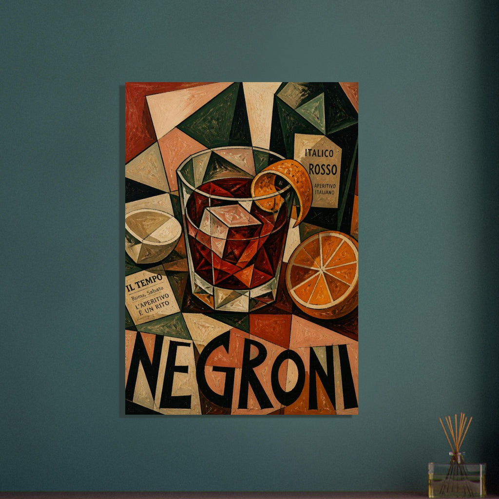 Cubist Negroni cocktail with ice and orange peel, an aperitivo bottle, halved citrus and bold NEGRONI lettering.