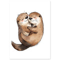 Two smiling otters curl together in a close embrace against a white background.