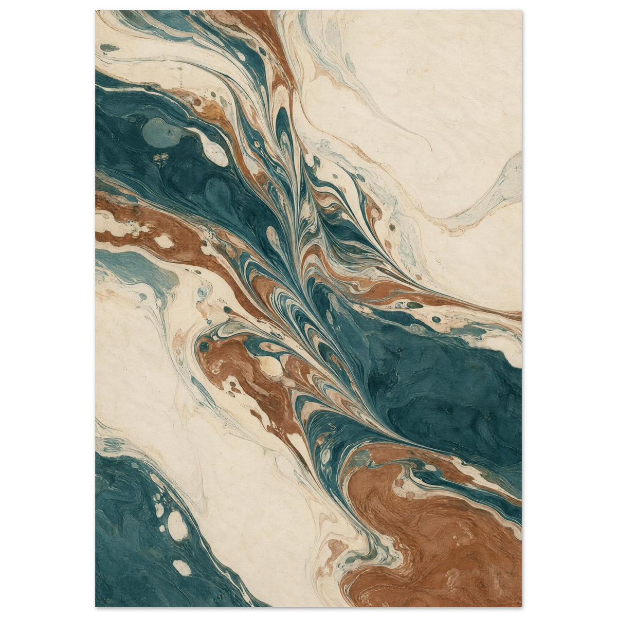 Teal, cream and brown marbled swirls with fine feathered lines flowing diagonally across a vertical composition.