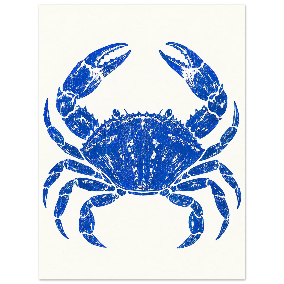 Ultramarine blue crab with raised claws and distressed detailing, centred on a warm cream background.