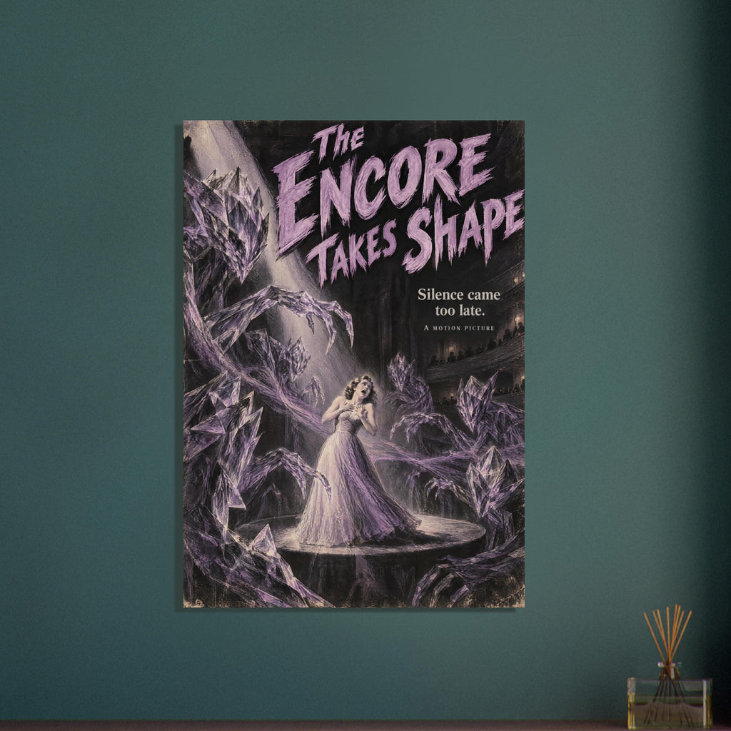 Purple crystal creatures surround a woman in a gown on stage beneath lettering reading ‘The Encore Takes Shape’.