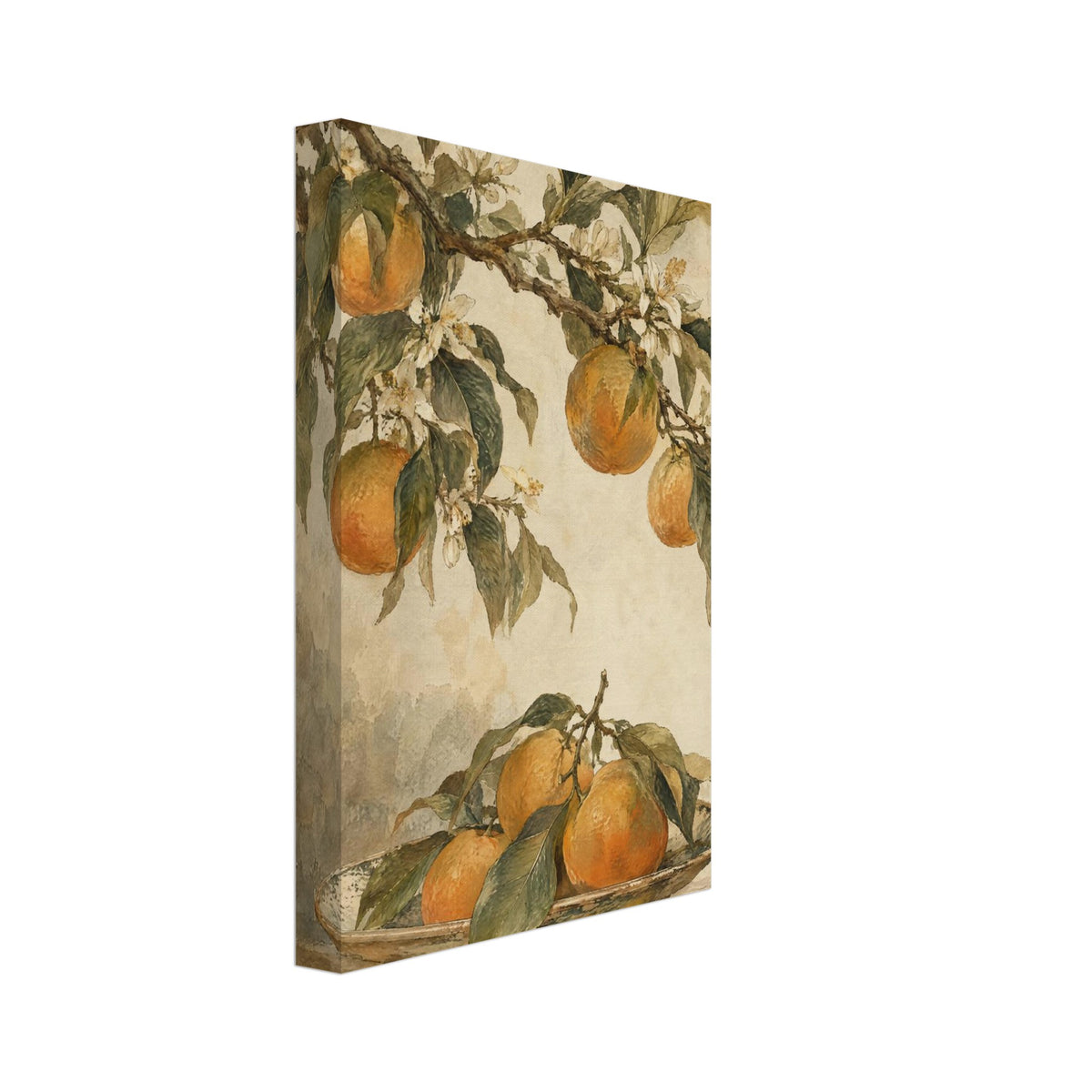 Mandarin oranges and white blossom on leafy branches above a patterned bowl of citrus fruit against a cream background.
