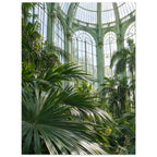 Lush palm fronds beneath tall arched windows and an ornate, pale green metal and glass roof in a sunlit glasshouse.