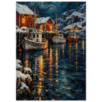 Christmas Eve Harbour shows three moored boats and snowy sheds beneath warm bulbs, with thick orange reflections across petro