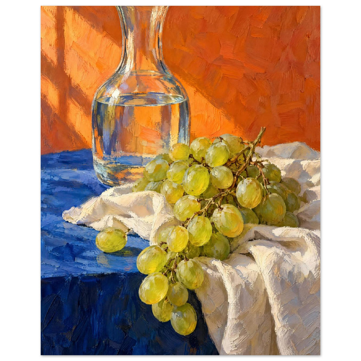 Green grapes on cream fabric beside a glass carafe of water, with a blue tabletop and textured orange background.