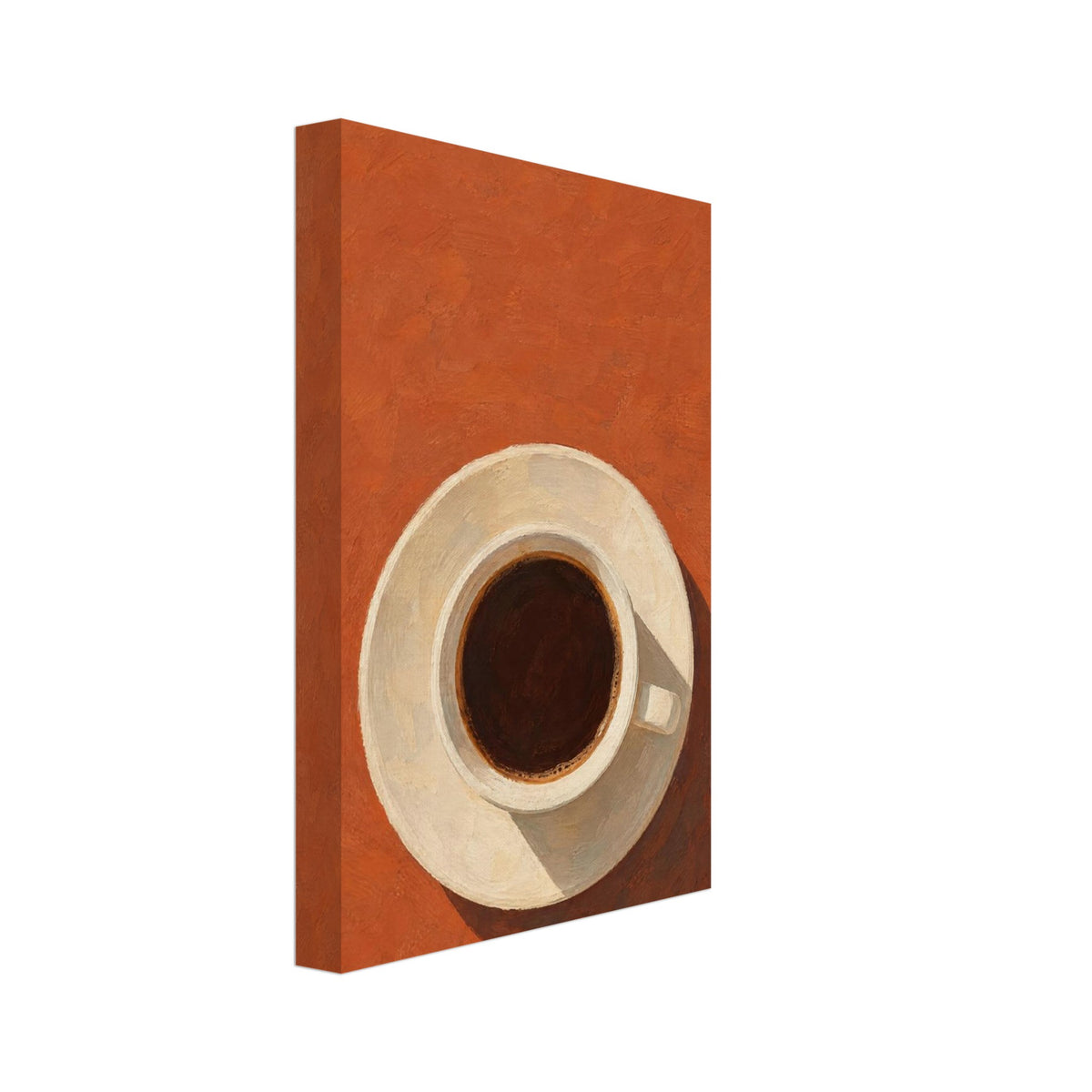 Cream cup filled with dark coffee on a saucer, viewed from above against terracotta orange with a long brown shadow.