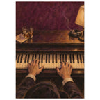 Piano player seen from above, hands on the keys, with a glass, smoking ashtray and lamp against a burgundy background.