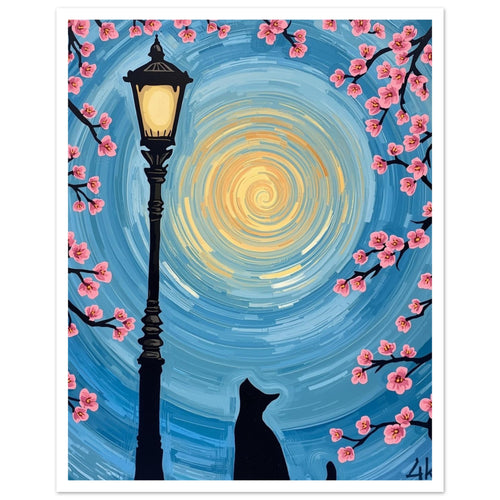 Black cat beside a glowing street lamp, framed by pink blossom branches against a swirling blue and yellow sky.