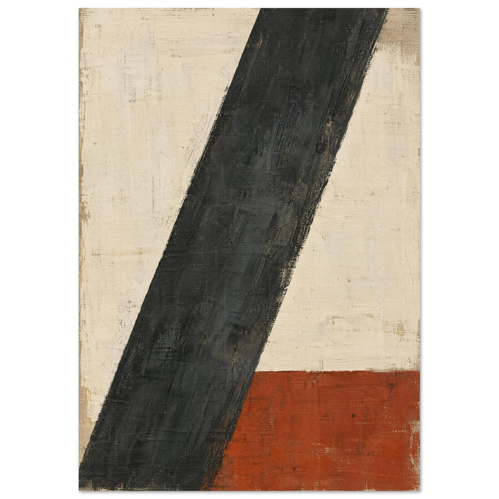 Broad charcoal diagonal stripe across a textured cream background, with a rust-red rectangular block at the lower right.