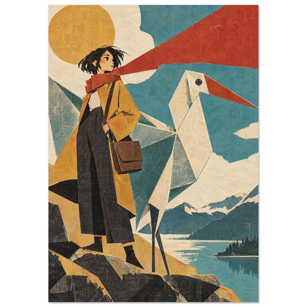 Woman in a mustard coat and red scarf beside an angular white bird, with a golden sun, mountains and a teal lake.