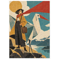 Woman in a mustard coat and red scarf beside an angular white bird, with a golden sun, mountains and a teal lake.