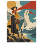 Woman in a mustard coat and red scarf beside an angular white bird, with a golden sun, mountains and a teal lake.