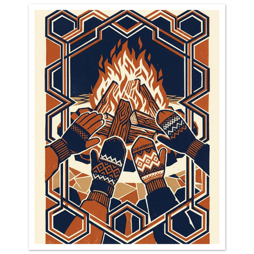 Four gloved and mittened hands held towards a bonfire, in navy, rust and cream with an interlocking geometric border.
