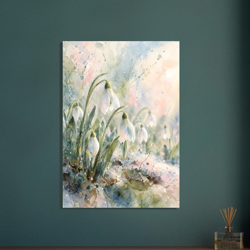 White snowdrops on curved green stems against loose watercolour washes of pale blue, pink and cream.