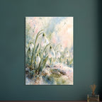 White snowdrops on curved green stems against loose watercolour washes of pale blue, pink and cream.