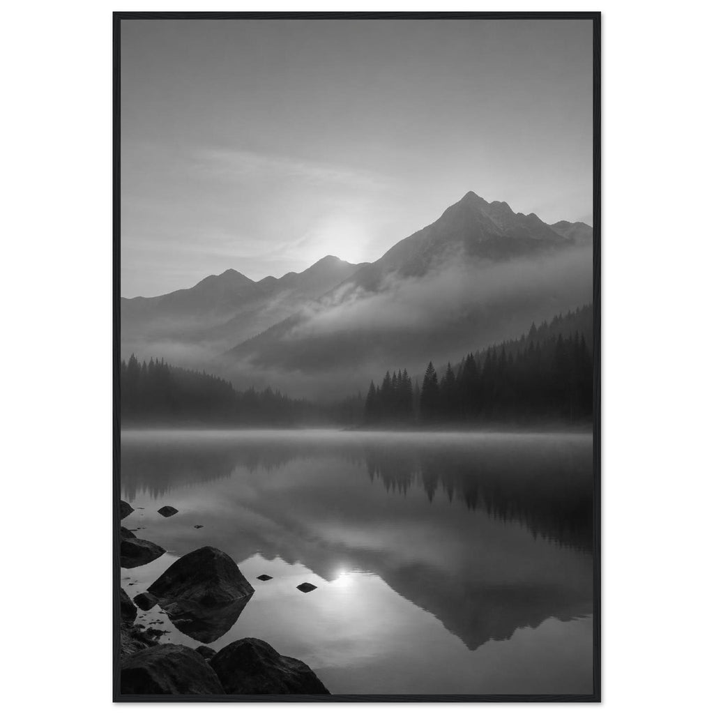 Mountain peaks and conifer forests reflected in a misty lake, with rocks in the foreground, in black and white.