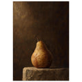 Pear on a Plinth, a single pear on rough stone against a dark brown background, its curved edge outlined by light.