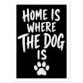 White brush lettering reading “Home is where the dog is” on a black background, with a white paw print below.