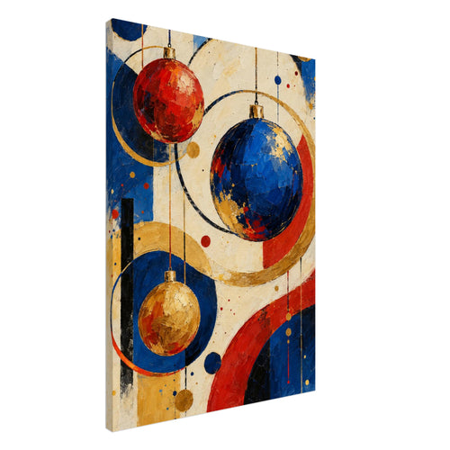 Red, blue and golden baubles hanging among sweeping circles, coloured dots and textured geometric shapes on cream.