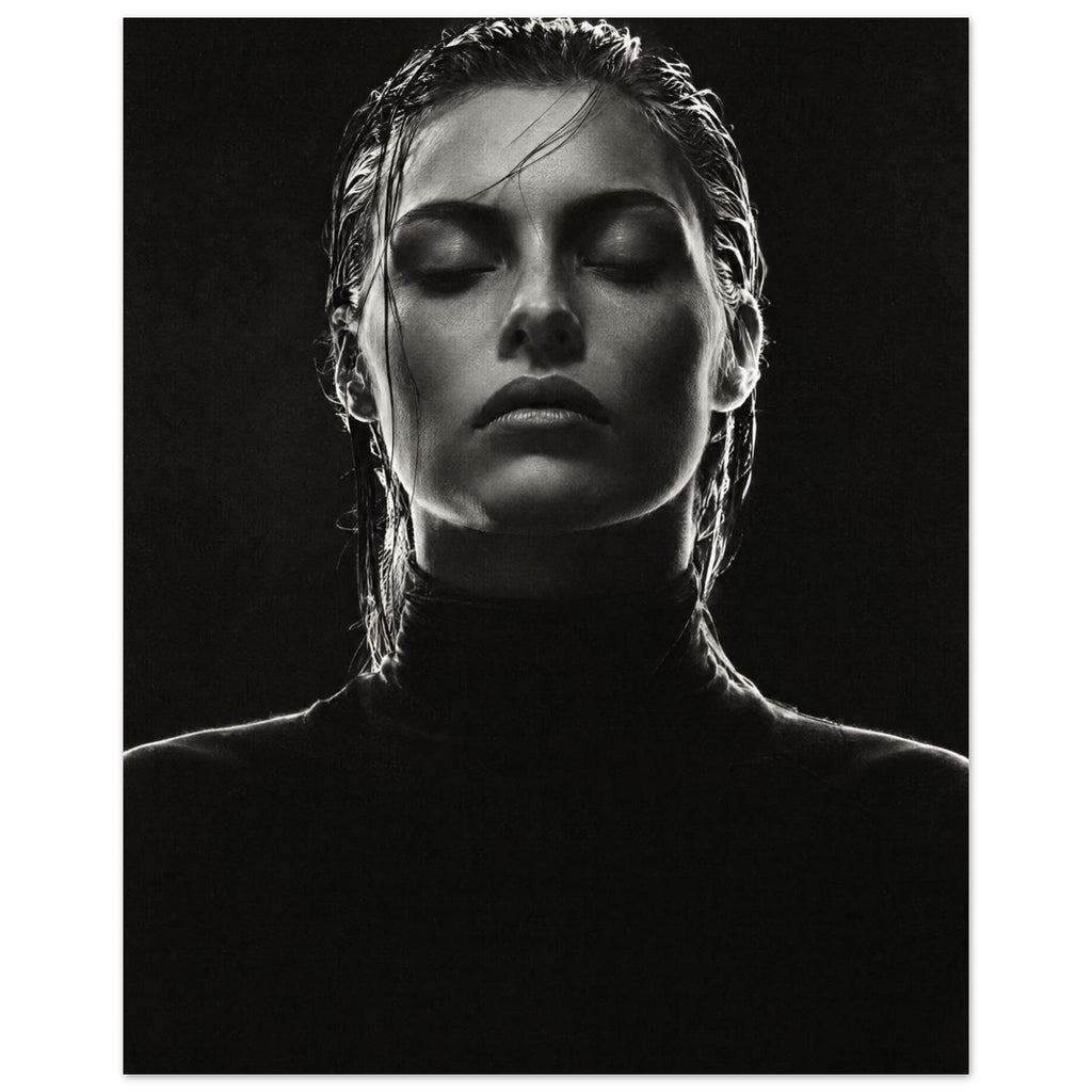 Black and white portrait of a woman with closed eyes, slicked-back hair and a dark high-neck top against black.