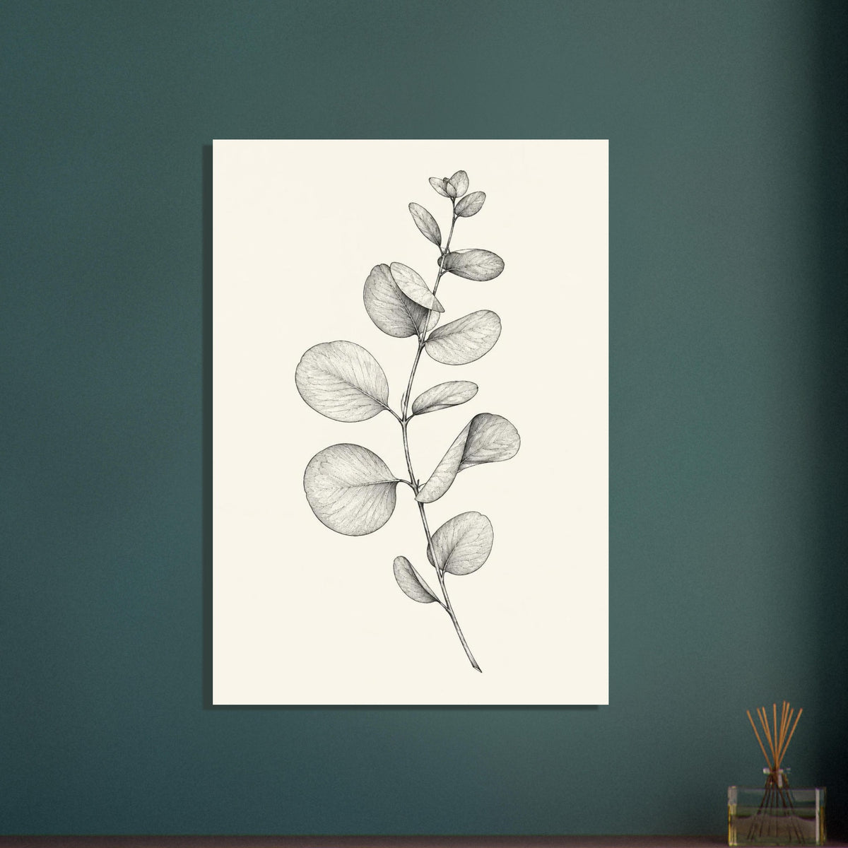 Eucalyptus stem with rounded, overlapping leaves drawn in fine black and grey lines on a plain cream background.