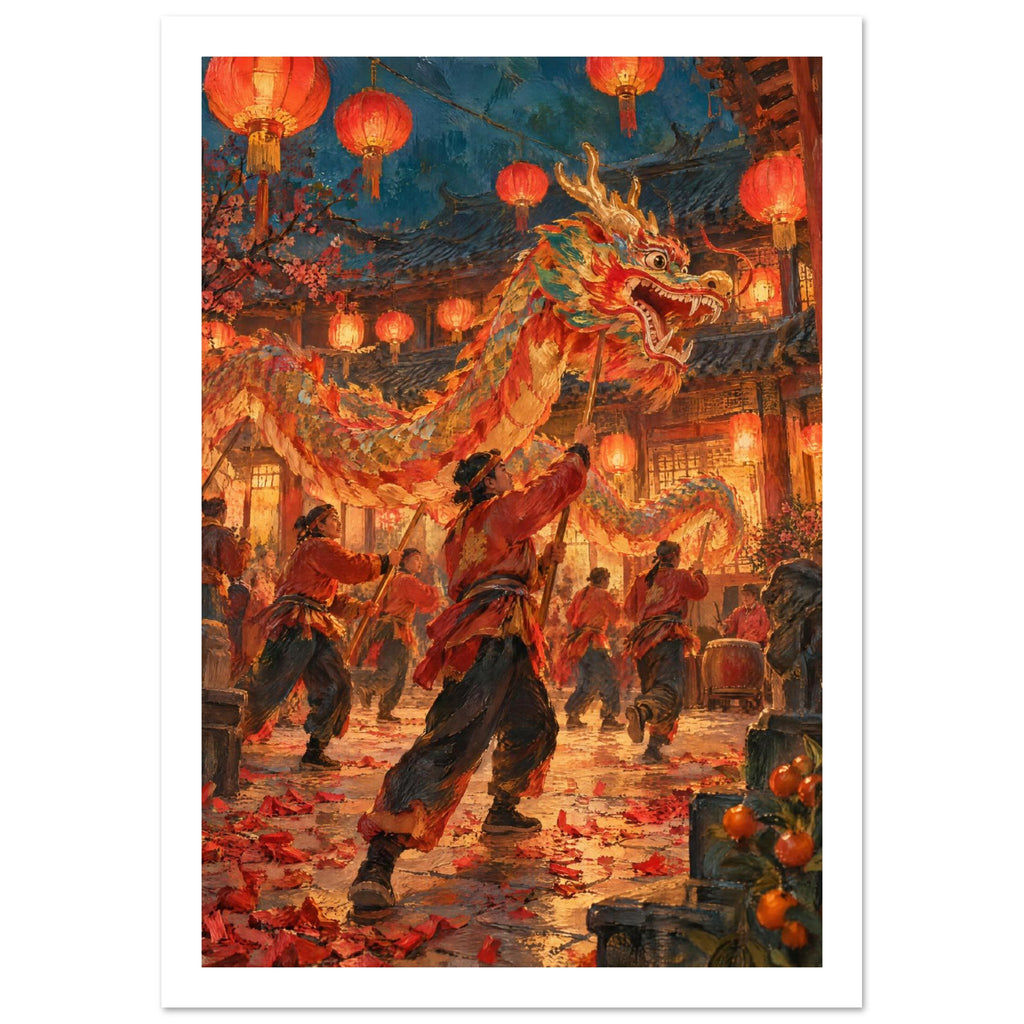 Dragon dance performers beneath glowing red lanterns, with a colourful dragon, curved rooftops and red paper underfoot.