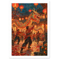 Dragon dance performers beneath glowing red lanterns, with a colourful dragon, curved rooftops and red paper underfoot.