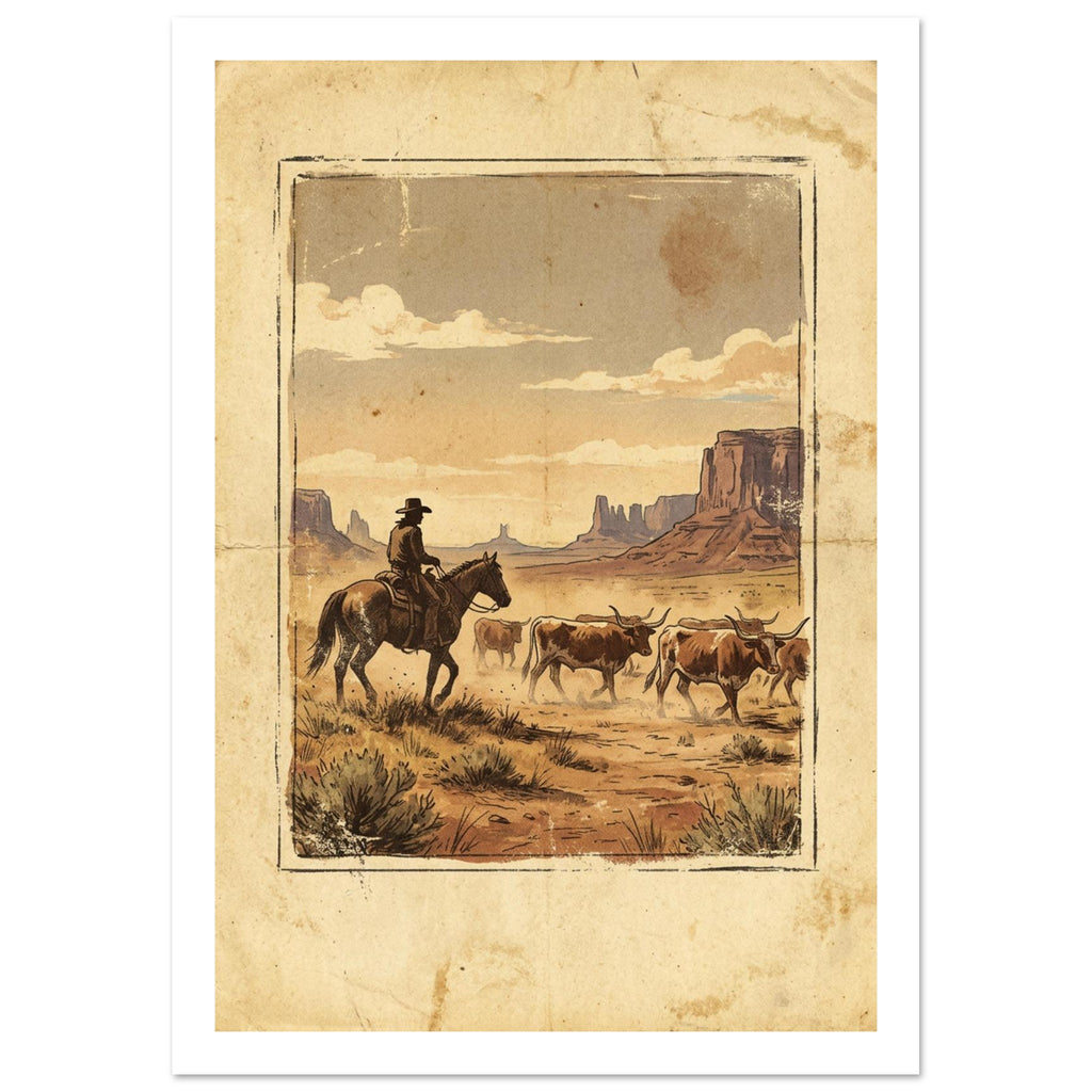 Cowboy on horseback herding longhorn cattle across a desert with rock formations, in warm tones with an aged-paper border.