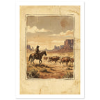 Cowboy on horseback herding longhorn cattle across a desert with rock formations, in warm tones with an aged-paper border.