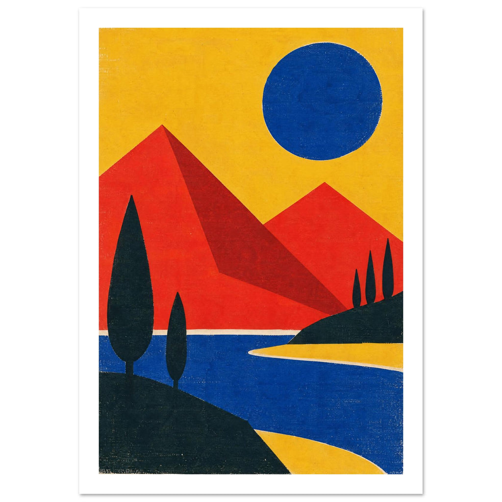 Red geometric mountains beneath a blue sun in a yellow sky, with dark slender trees beside winding blue water.