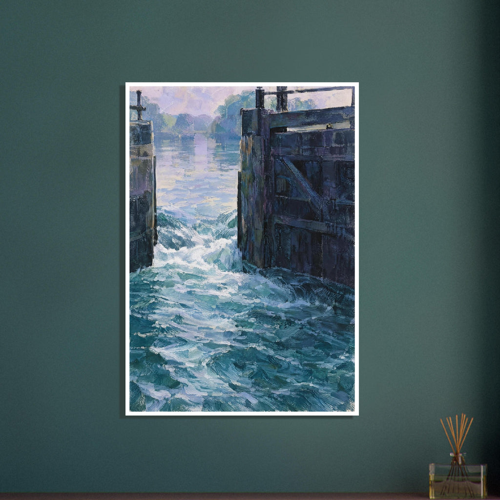 Dark timber lock gates with foaming blue and teal water rushing through, and calm water and trees beyond.