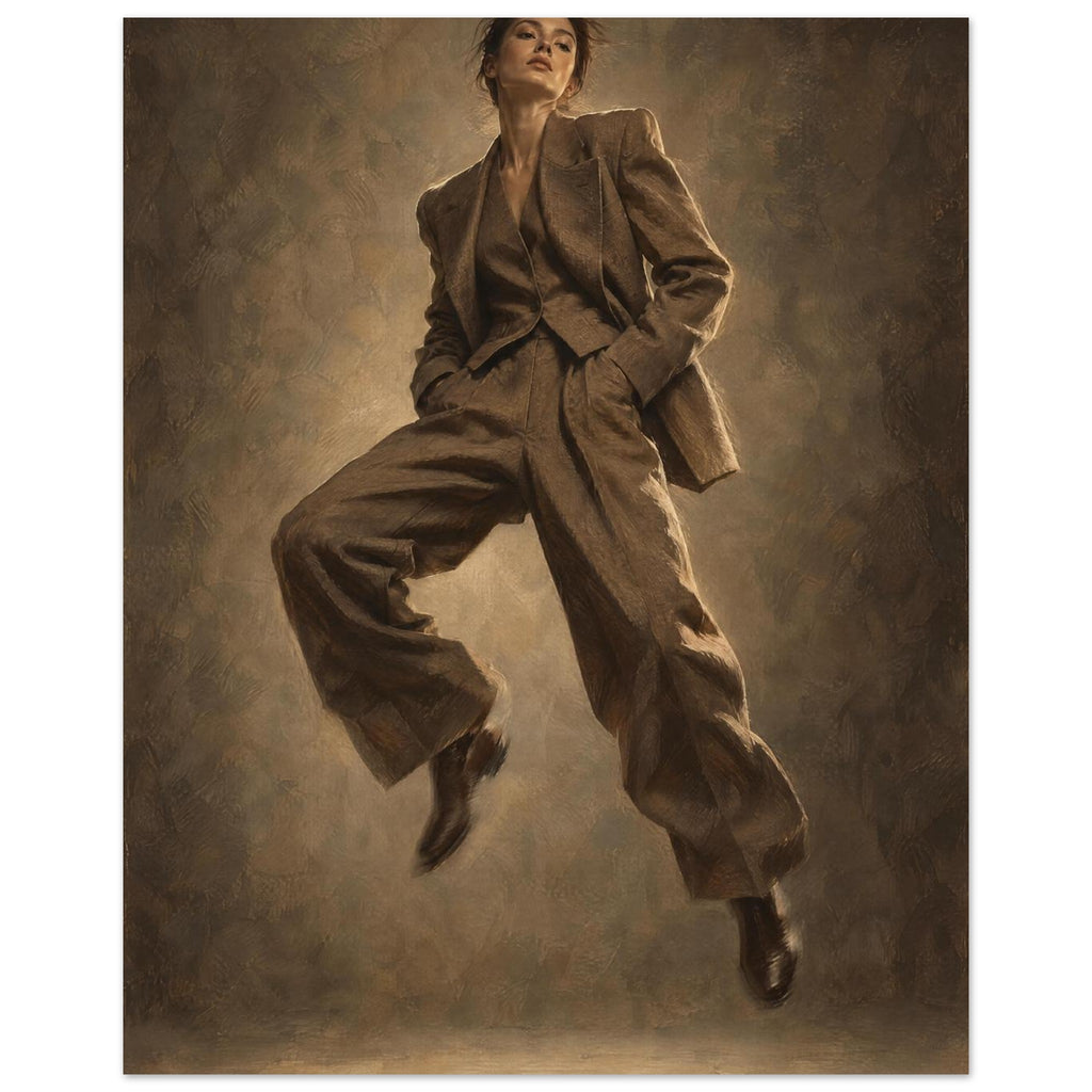 Suit in Suspension, a full-length model caught mid-jump in an oversized brown trouser suit against a sand-toned studio backgr