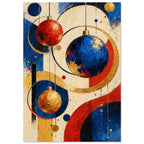 The Bauble Orchestra shows suspended circular ornaments and intersecting painted shapes in cobalt, vermilion, ochre and cream