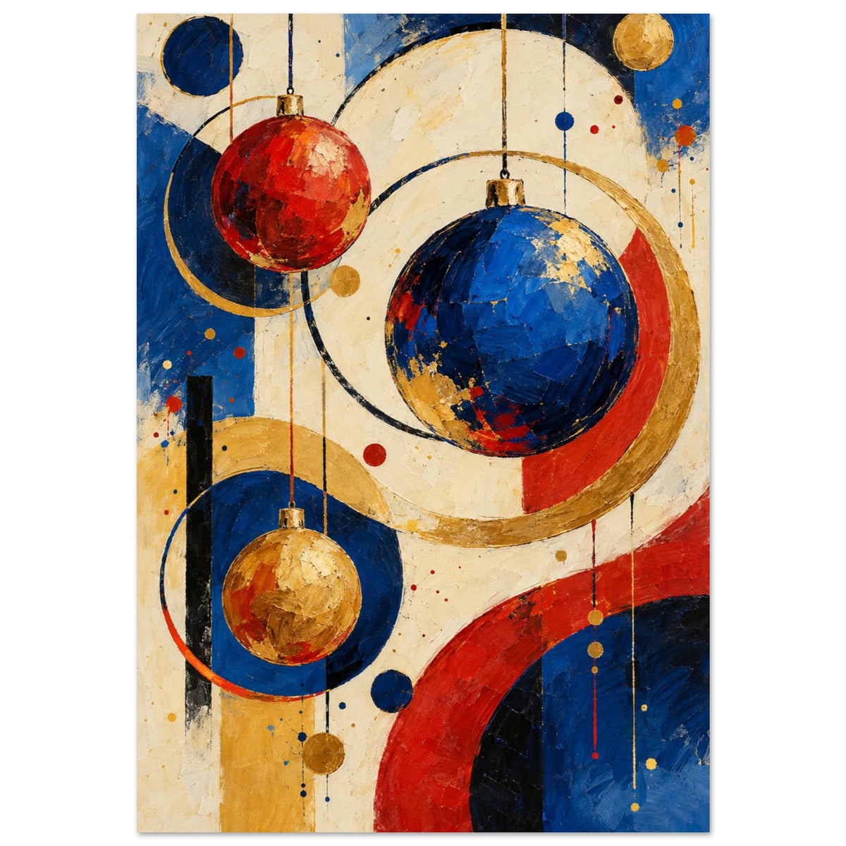 The Bauble Orchestra shows suspended circular ornaments and intersecting painted shapes in cobalt, vermilion, ochre and cream