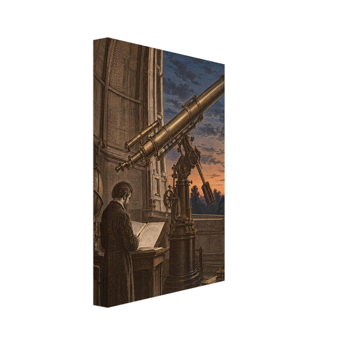 Large brass-toned telescope in an observatory, with a figure studying a chart beneath a blue sky and crescent moon.