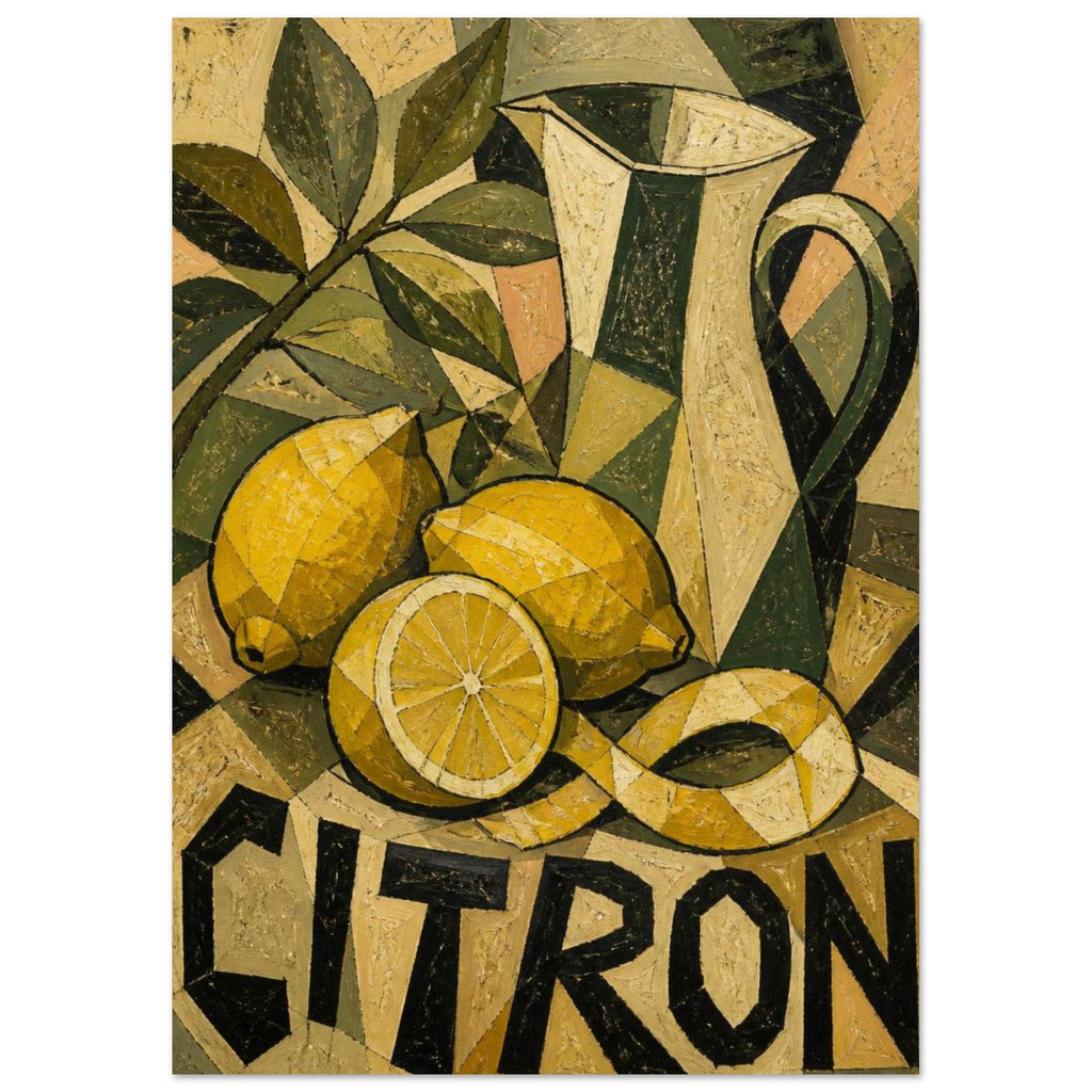 Angular lemons, a cut lemon and curled peel beside a tall jug and leafy branch, with bold CITRON lettering below.