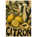 Angular lemons, a cut lemon and curled peel beside a tall jug and leafy branch, with bold CITRON lettering below.