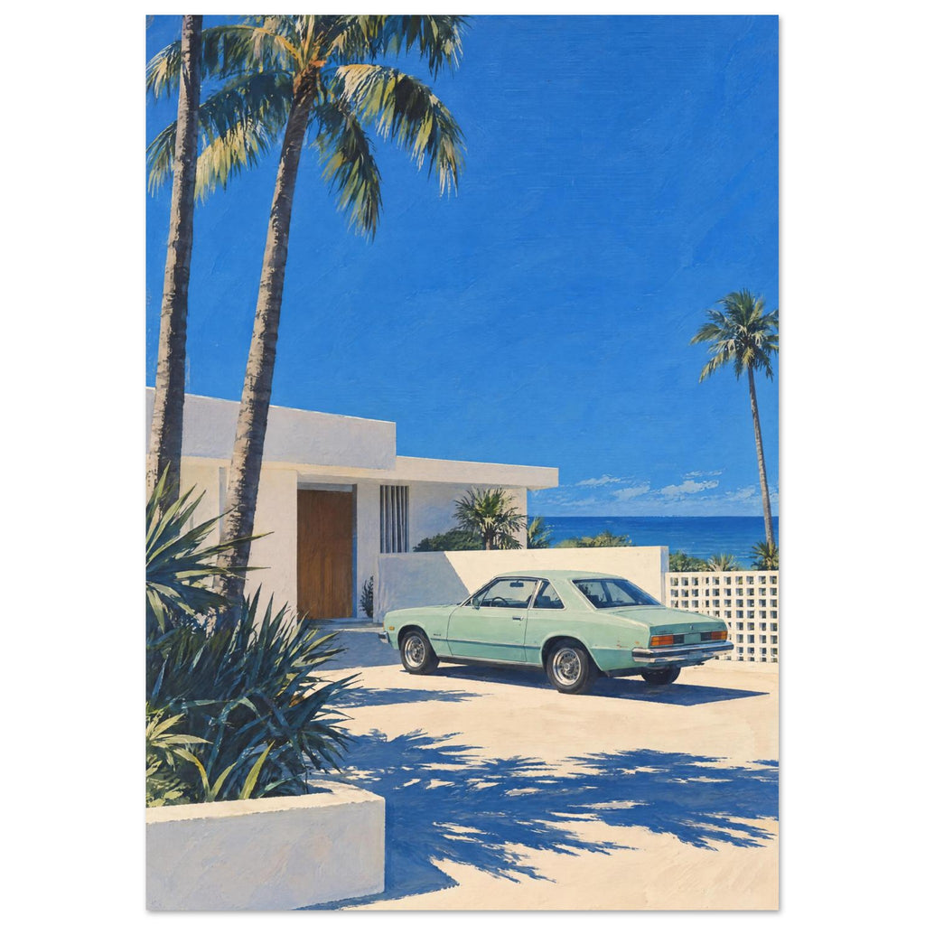 Mint-green vintage car outside a cream coastal villa, with tall palms, vivid blue sky, sea and strong shadows.