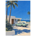 Mint-green vintage car outside a cream coastal villa, with tall palms, vivid blue sky, sea and strong shadows.