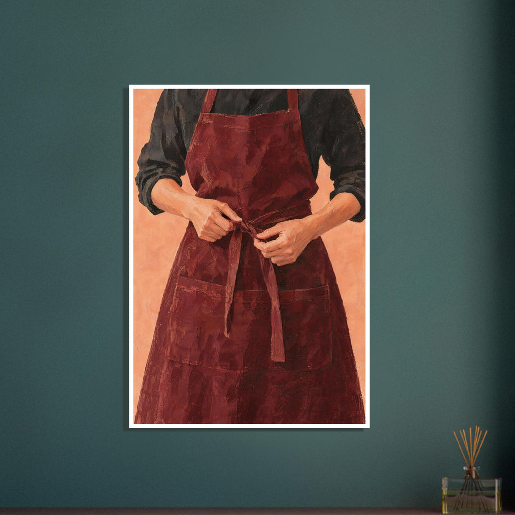 Hands tying a burgundy apron over a charcoal shirt, painted with textured brushwork against a peach background.