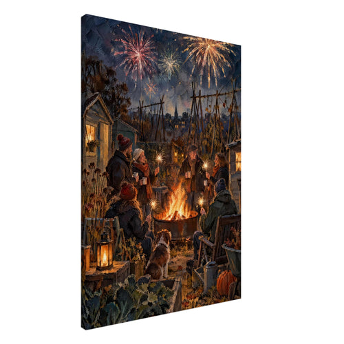People with sparklers gather around a fire pit with a dog in an allotment, beneath fireworks in a dark blue sky.