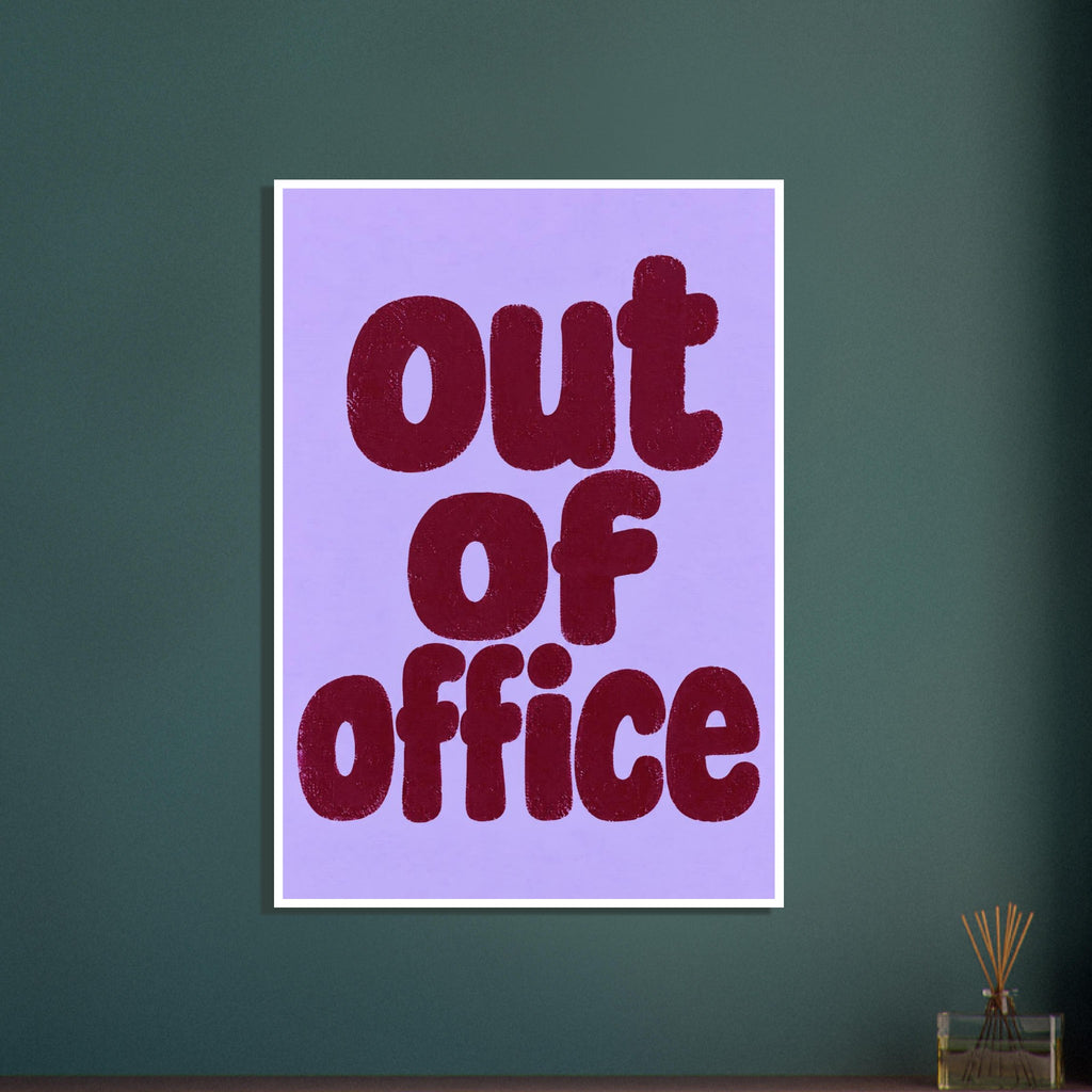 Out of office in chunky, textured burgundy lowercase lettering, stacked on three lines against a lilac background.