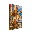 Dachshund in a white shirt at a café table with coffee and a croissant, overlooking a blue bay within a yellow border.