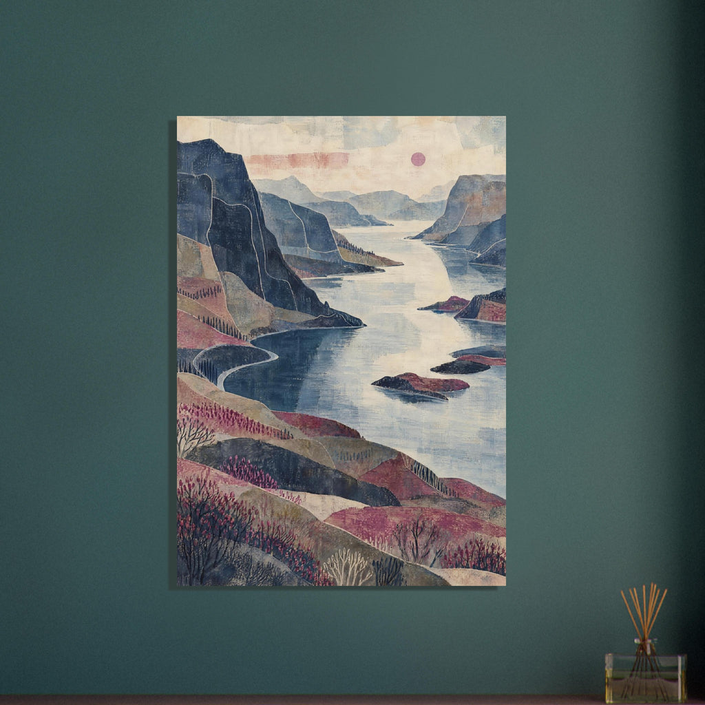 Fjord winding between layered blue cliffs and pink hills, with flowering shrubs in the foreground and a small pink sun.