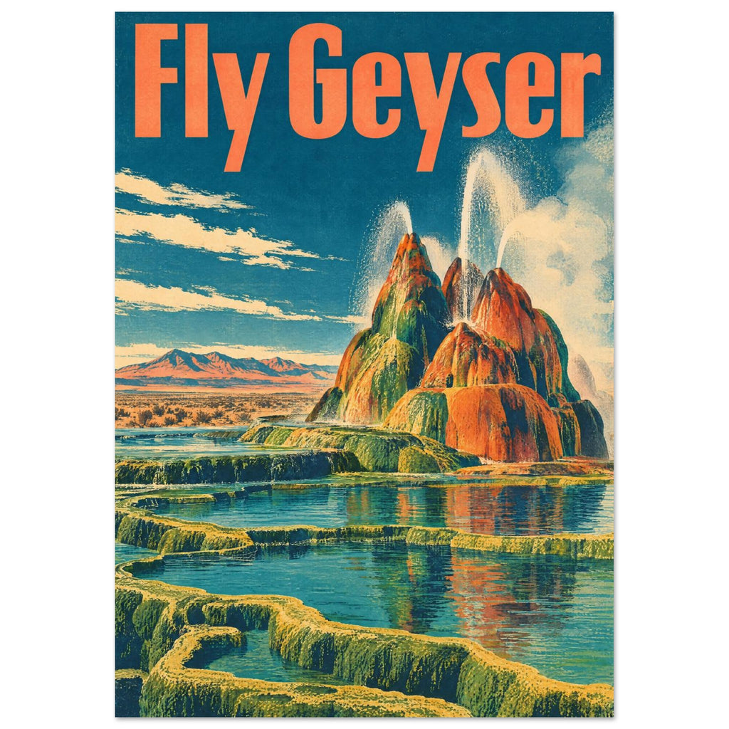 Fly Geyser travel poster with orange lettering, colourful mineral mounds, water jets and terraced teal pools.