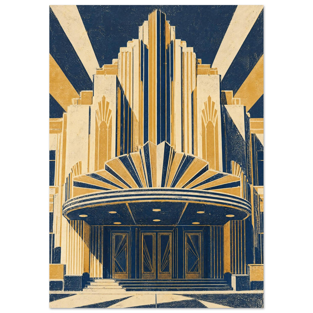 Art Deco theatre façade in navy, golden yellow and cream, with stepped towers, a fan-shaped canopy and distressed texture.
