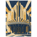 Art Deco theatre façade in navy, golden yellow and cream, with stepped towers, a fan-shaped canopy and distressed texture.